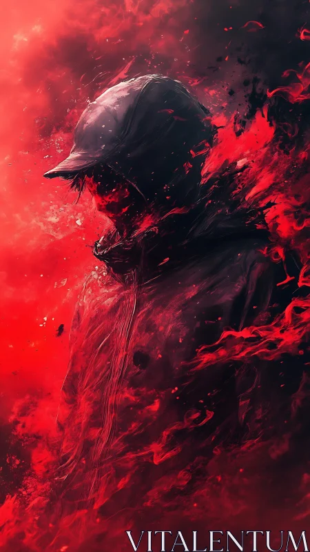 Ember-cloaked wanderer dissolves into cascading scarlet storm