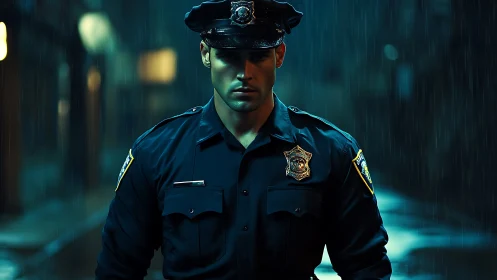 Night shift resolve with a lone officer in the rain.