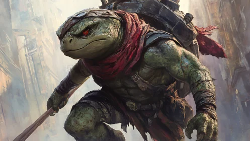 Armored mutant turtle warrior rushes through ruined city streets.