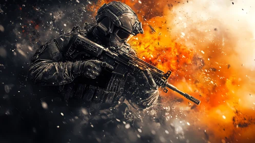 Heavily armed soldier advances through dense fiery explosion