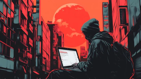 Neon dusk coder beneath a blazing digital metropolis sun.