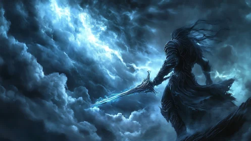 Stormlit Wraithblade Knight poised on a seething sky-ridge.