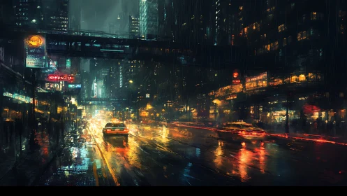 Cyberpunk rain-soaked megacity street with neon taxi trails.