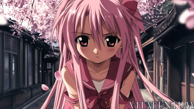 Melancholic pink‑haired schoolgirl under drifting sakura petals.