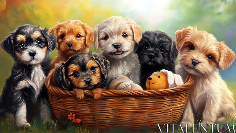 Six fluffy puppies sit snugly in wicker basket outdoors