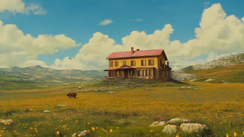 Two story rural house stands in expansive flowered grassland