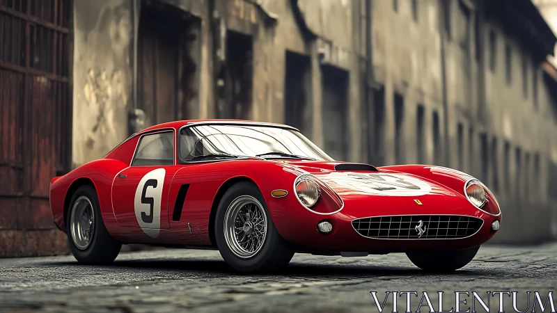 Vintage red race car gleams in narrow historic street.