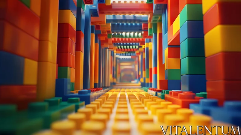 Playful hallway of colorful toy bricks in bright focus.