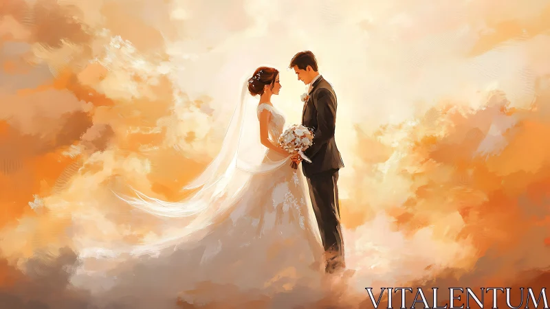 Sunlit wedding vows drifting through painted golden clouds.