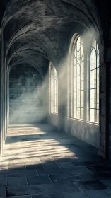 Soft light streams into a quiet gothic stone corridor