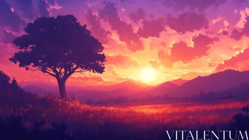 Solitary tree overlooks vivid sunset across rolling hills
