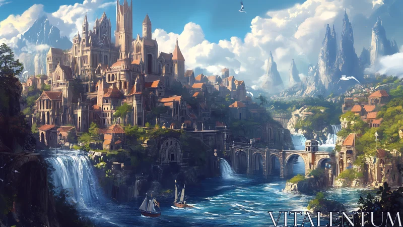 Majestic riverside fantasy citadel with cascading waterfalls.