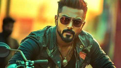 Motorcyclist leans forward wearing sunglasses and leather jacket