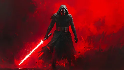 Hooded saber warrior storms through molten scarlet void.