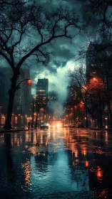 Moody cyberpunk city street under rain-soaked reflections.