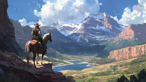 Lone cowboy surveys vast alpine canyon in cinematic digital light