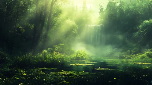 Misty Forest Waterfall with Ethereal Golden Sunlight