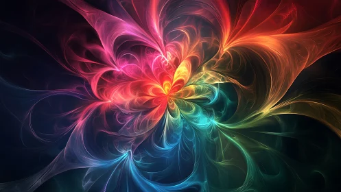Fractal flower burst in multicolor swirling light fields.