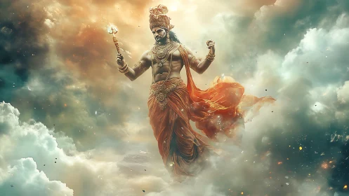 Mythic warrior god strides through swirling celestial clouds