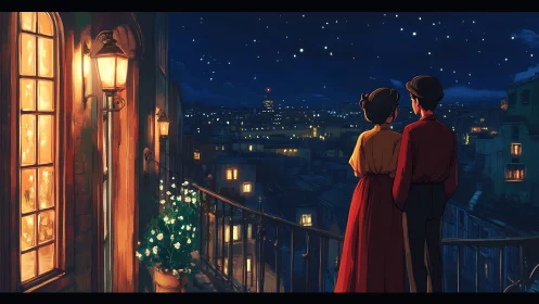 Couple stands on balcony overlooking illuminated night city