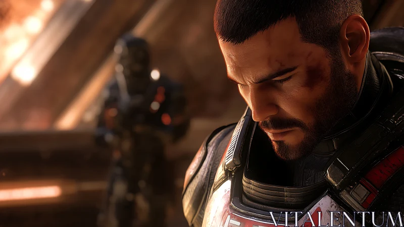 Armored male soldier rendered in close-up with battle damage