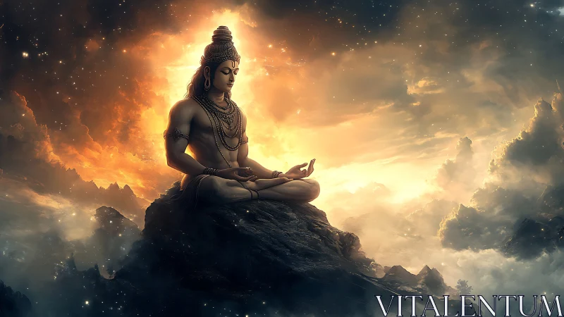 Serene mountain yogi resting in golden cosmic sunrise glow.