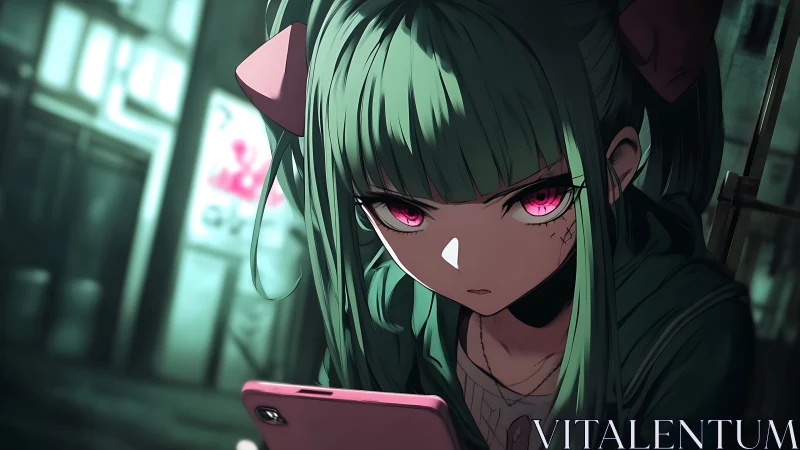 Neon-eyed night hacker studies her glowing pink oracle