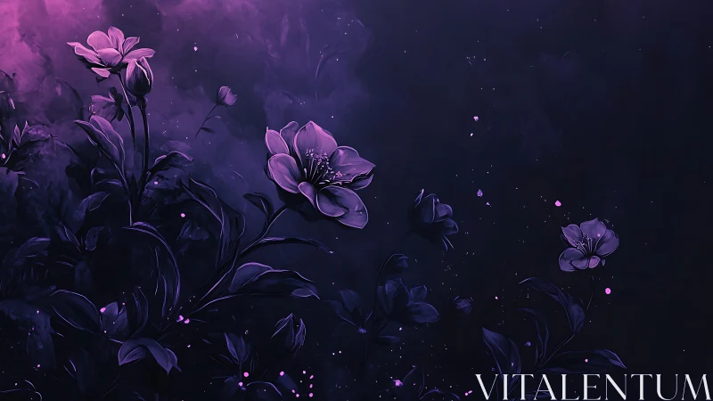 Luminescent nocturnal flora with atmospheric particulate effects.