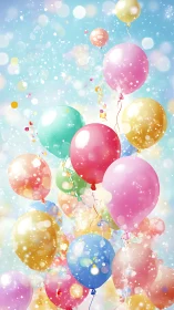 Colorful Balloons Rising Through Glowing Confetti Sky.