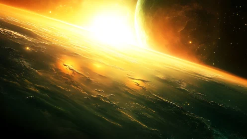 Solar tide over emerald world at the brink of awakening.