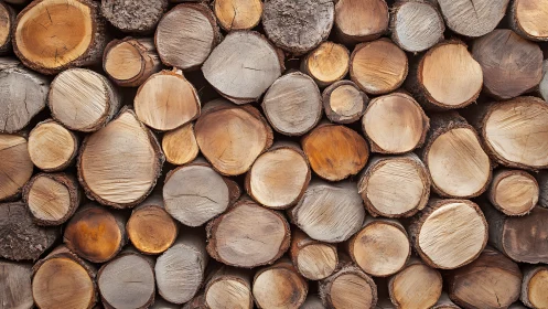 Stacked cut logs display warm rings and natural texture.