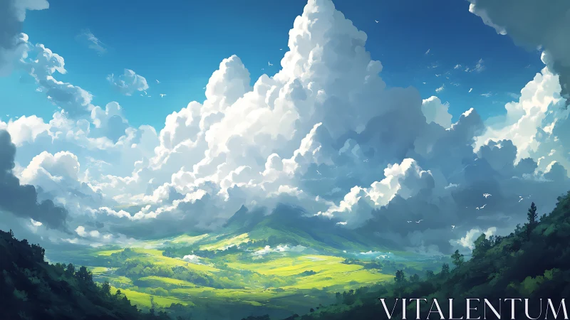 Sunlit valley unfolds beneath towering summer stormclouds.