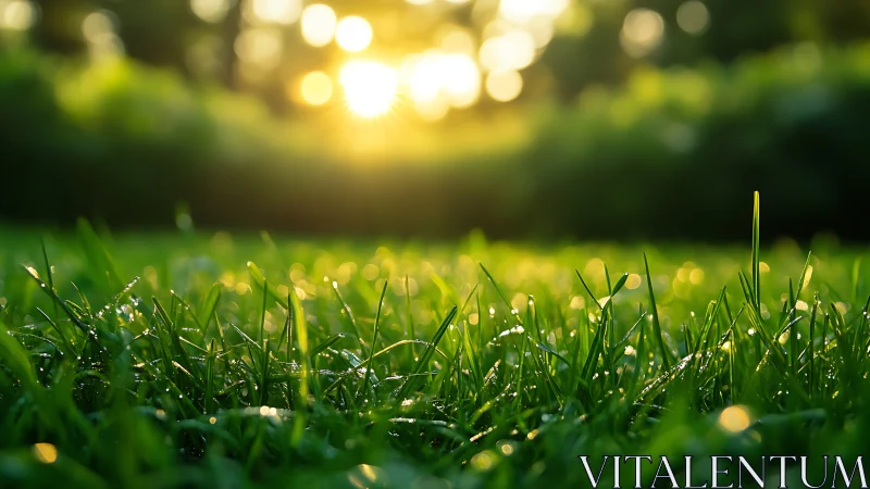 Morning dew sparkles across lush sunlit grass field.