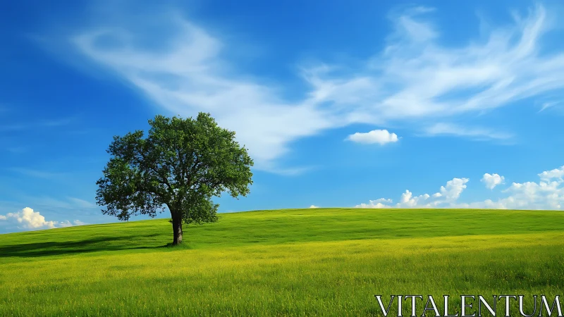 Lonely green tree on bright grassy hill under blue sky.