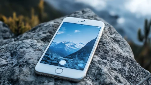 White iPhone captures snow-capped mountain landscape.