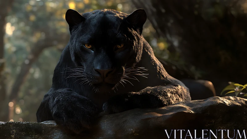 Black Panther Resting on Rock Surface in Forest Setting.