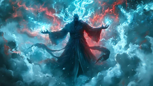 Dark robed sorcerer amid red and blue arcane storm.