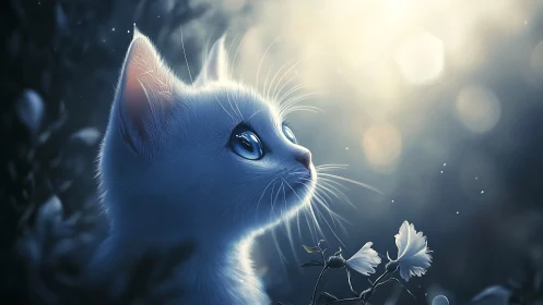 Luminous Feline Reverie: A White Cat's Enchanted Moment.