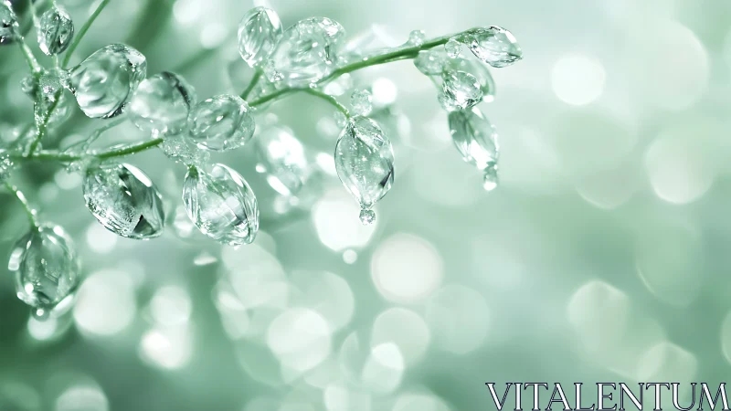 Glistening dew clusters on soft mint bokeh background.