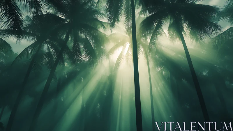Backlit palm canopy with cinematic volumetric sunbeams.
