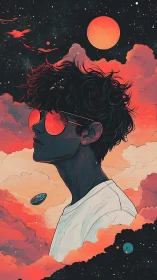 Stargazing youth drifts through neon clouds and distant planets.