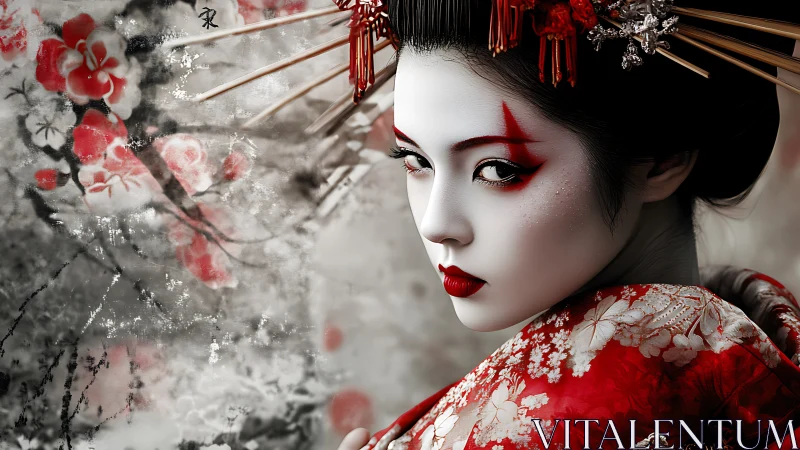 Geisha portrait shows red kimono, white makeup, floral backdrop