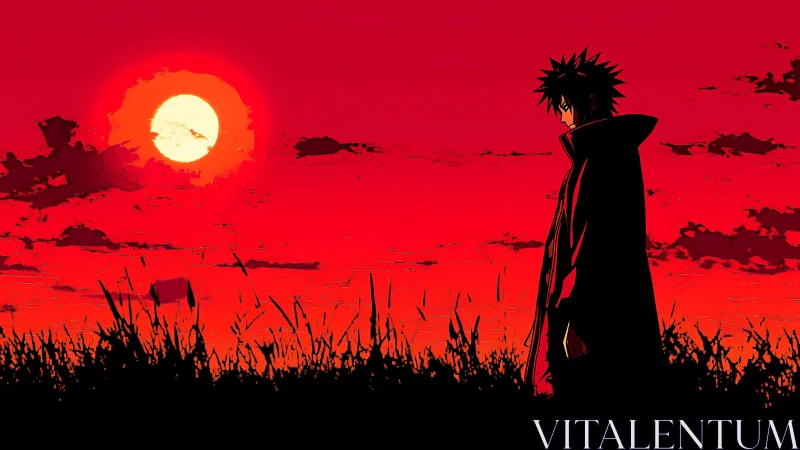 Quiet anime wanderer under a blazing crimson sunset sky.