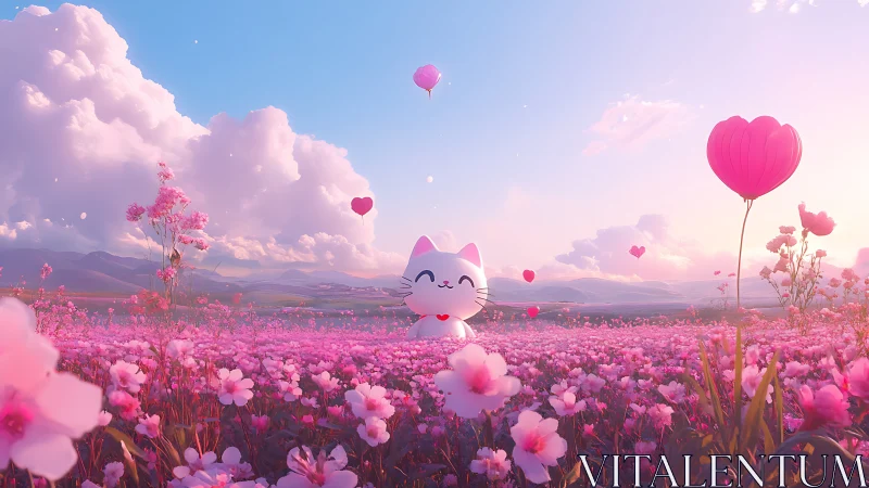 Cute cat character in surreal pink flower field landscape