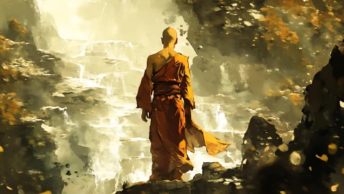 Solitary robed figure stands before cascading luminous falls