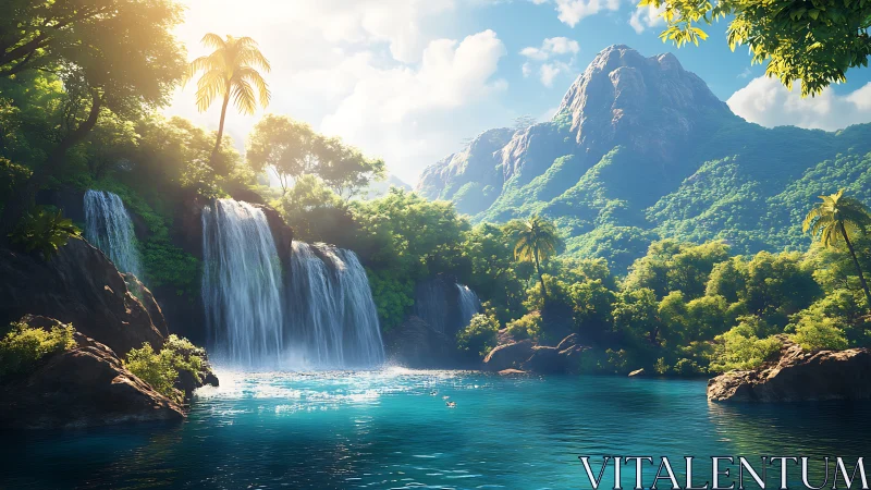 Sunlit tropical waterfalls cascade into serene blue lagoon.