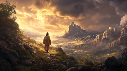 Solitary robed figure on rocky path toward distant peaks.