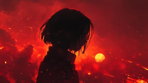 Silhouette in emberstorm dusk, walking the edge of ruin.