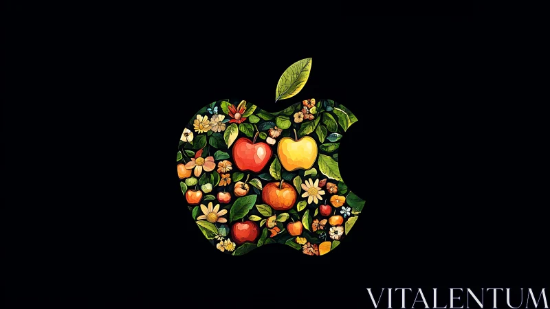 Floral apple silhouette with multicolored fruit cluster on black