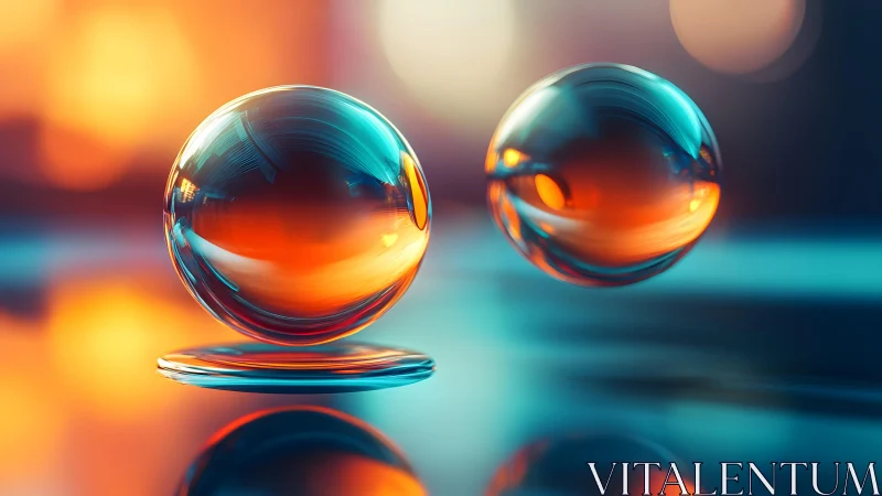 Translucent glass spheres over reflective surface, blurred bokeh.